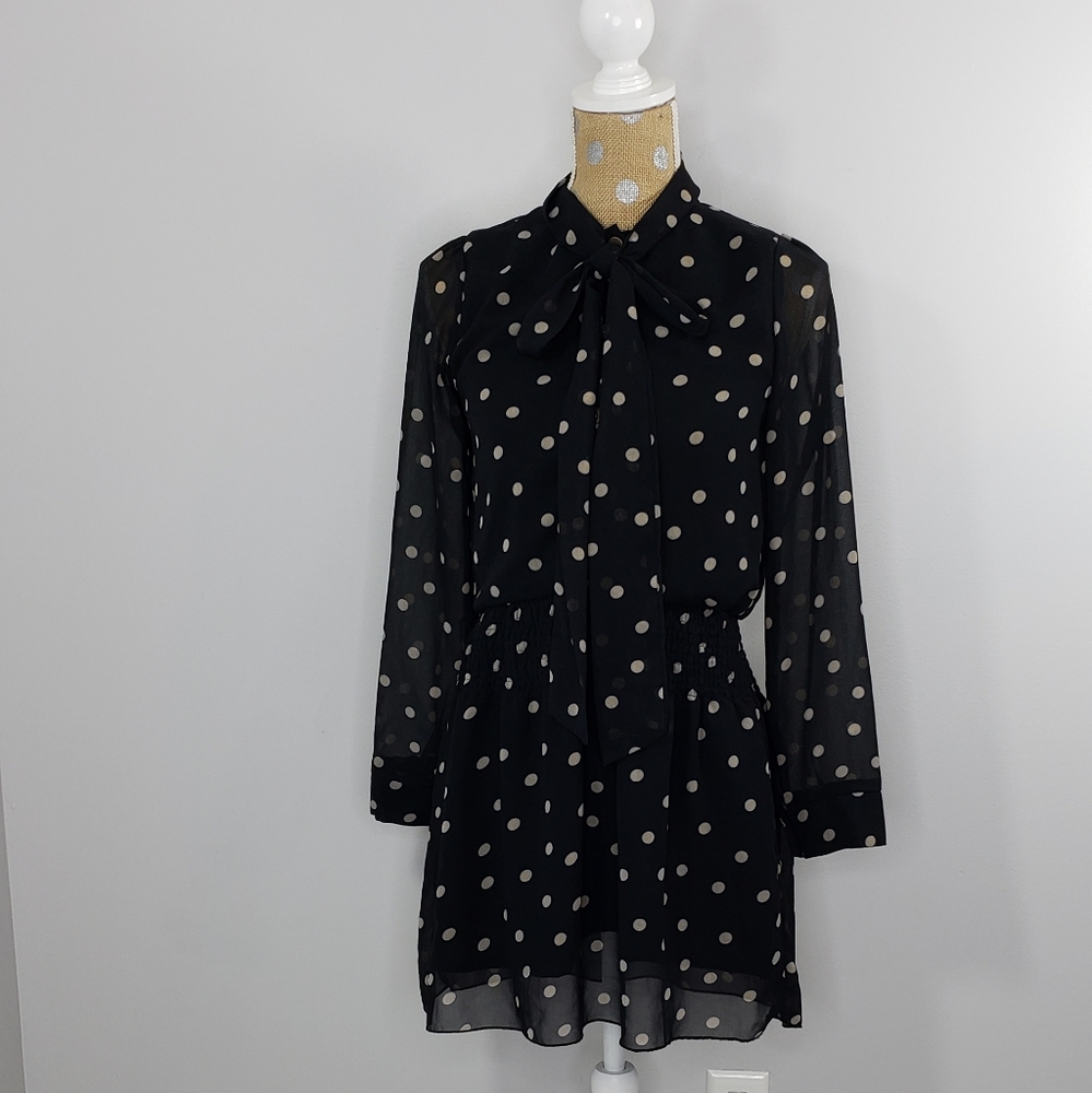 Nanako drop waist black tan polka dot dress